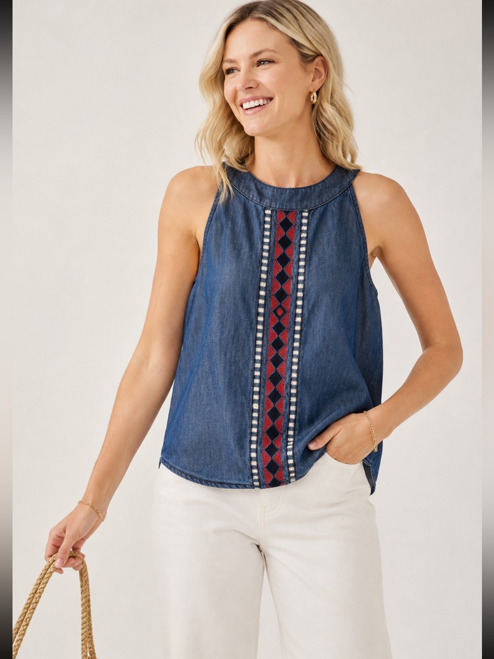 Est. 1946 Sz L Embroidered Denim Tunic Top Boho Halter Sleeveless Folk Geometric